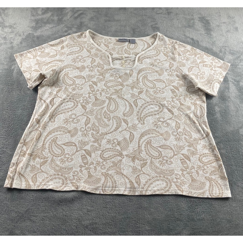 Coral Bay Plus Womens 1X Paisley Short Sleeve Split Neck‎ Button Knit Top White